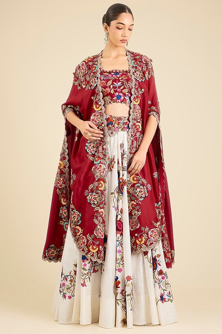 Red Dupion Thread Embroidered Cape Set by Minaxi Dadoo at Pernia's Pop Up Shop