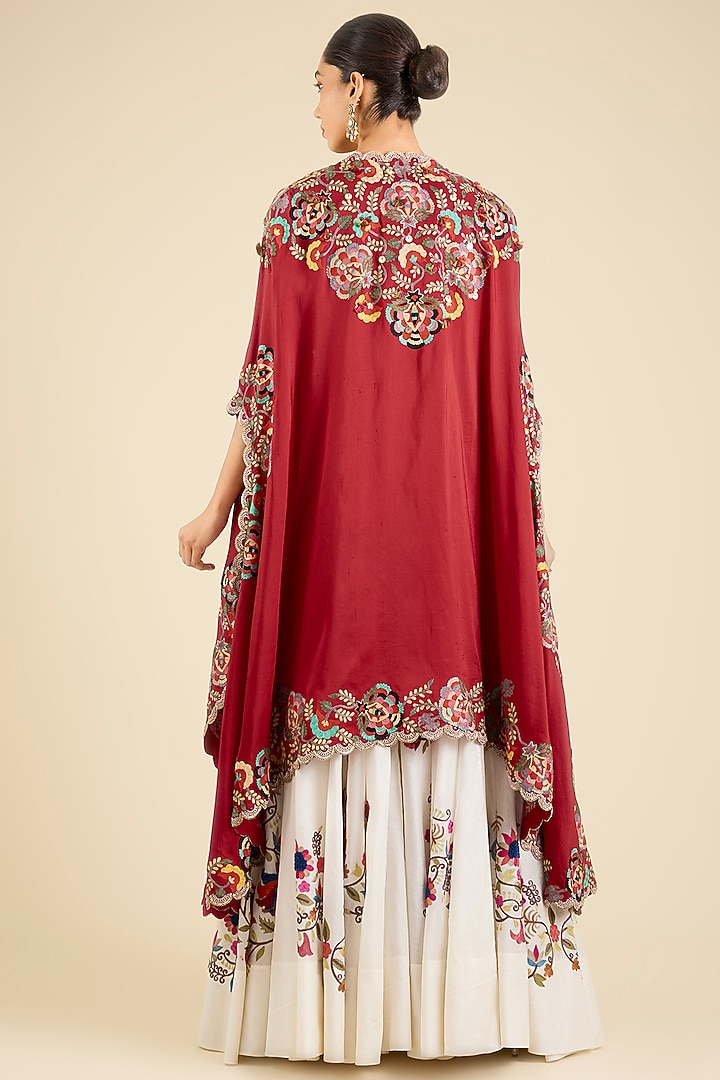 Red Dupion Thread Embroidered Cape Set by Minaxi Dadoo at Pernia's Pop Up Shop