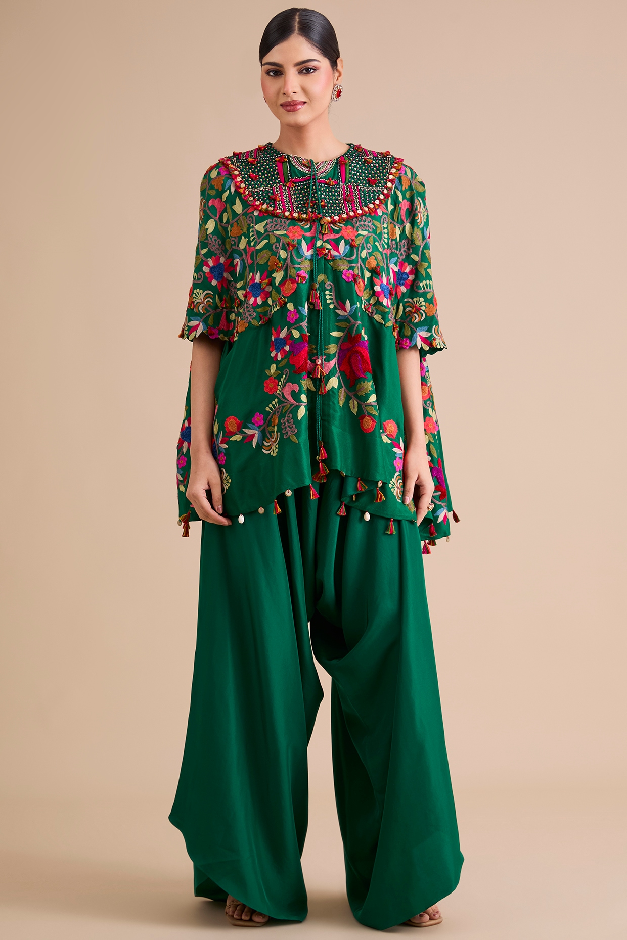 Minaxi Dadoo Emerald Green Dupion Silk Cape Set