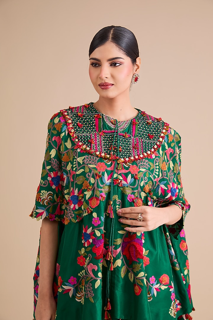 Emerald Green Dupion Silk Cape Set by Minaxi Dadoo at Pernia's Pop Up Shop