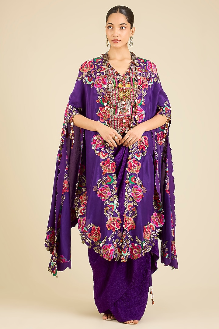 Purple Dupion & Silk Thread Embroidered Cape Set by Minaxi Dadoo at Pernia's Pop Up Shop