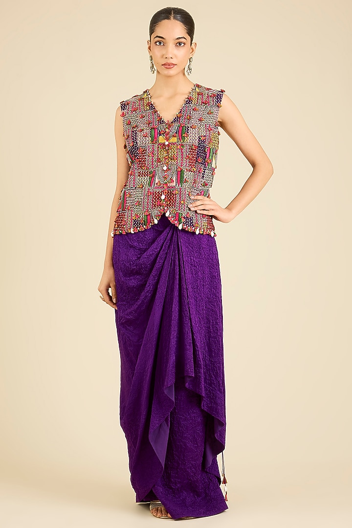 Purple Dupion & Silk Thread Embroidered Cape Set by Minaxi Dadoo at Pernia's Pop Up Shop