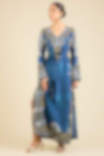 Denim Blue Silk Printed Party Wear Dress by Minaxi Dadoo at Pernia's Pop Up Shop