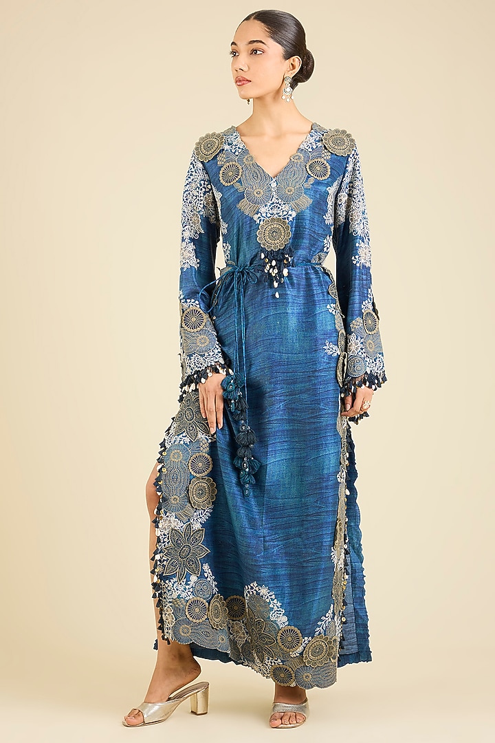Denim Blue Silk Printed Party Wear Dress by Minaxi Dadoo at Pernia's Pop Up Shop