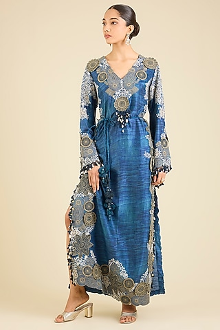 Denim Blue Silk Printed Dress by Minaxi Dadoo