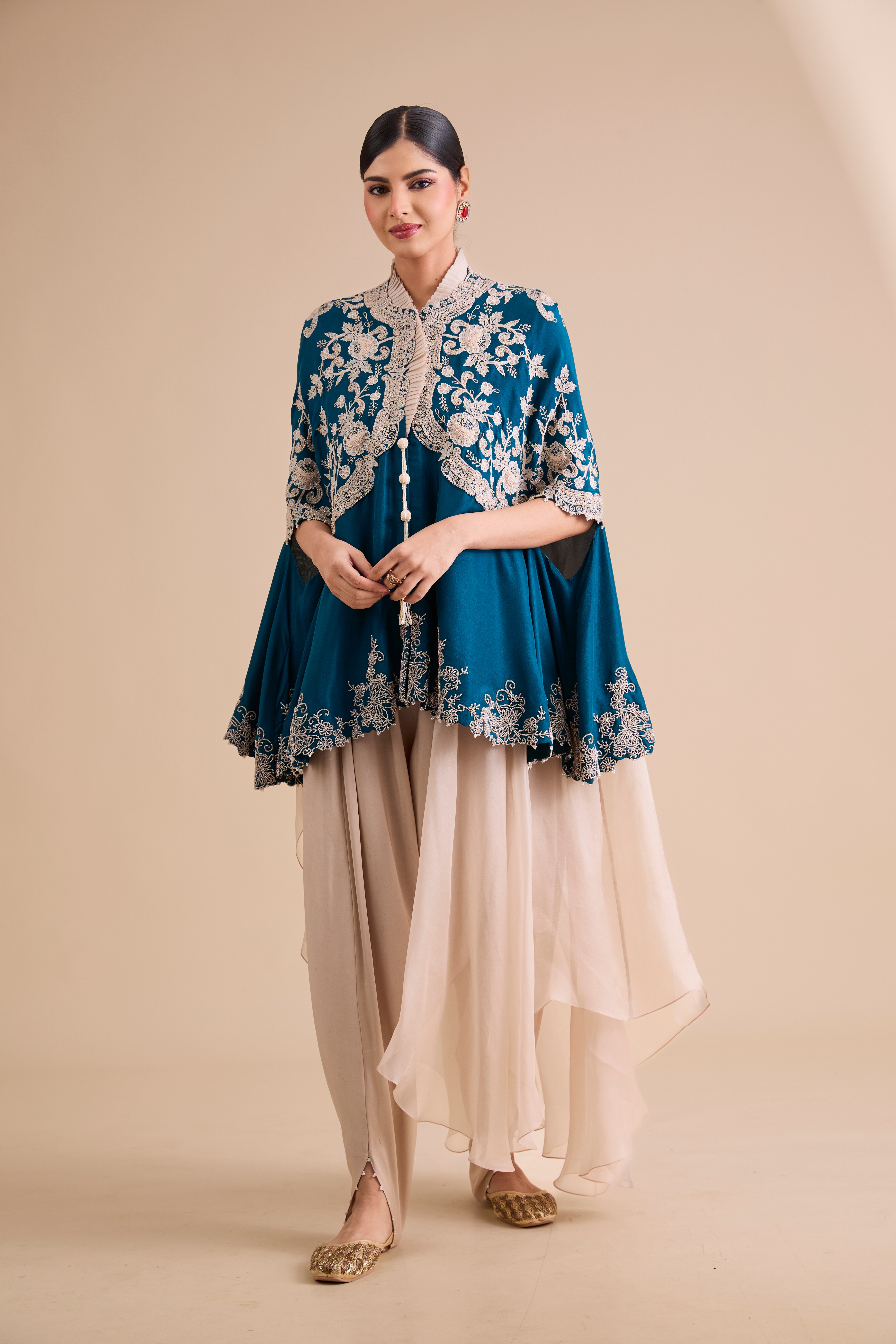 Minaxi Dadoo Peacock Blue Dupion Silk Pearl Work Cape Set