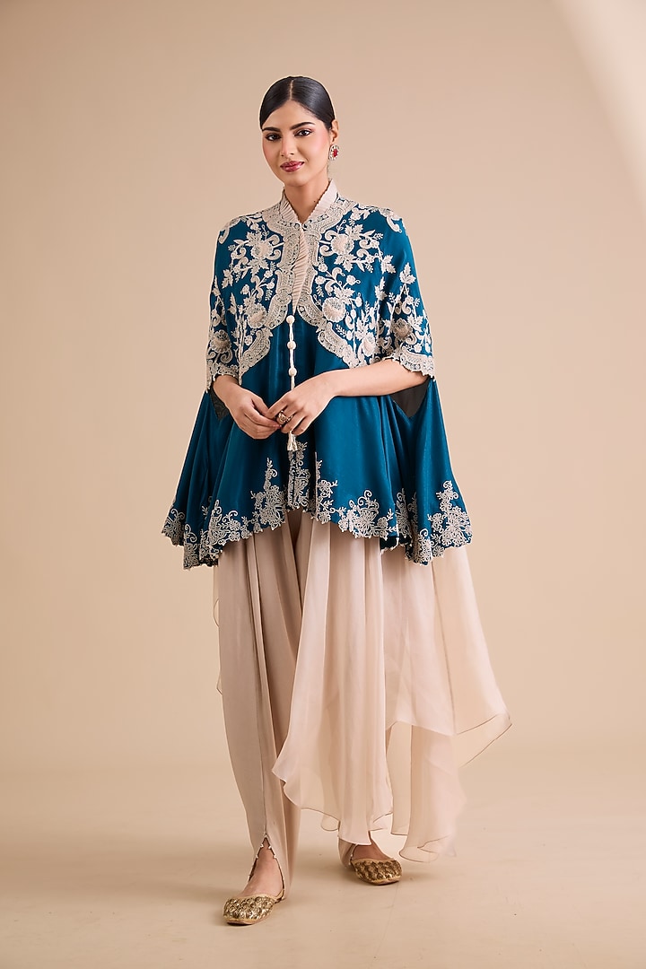 Peacock Blue Dupion Silk Pearl Work Cape Set by Minaxi Dadoo at Pernia's Pop Up Shop