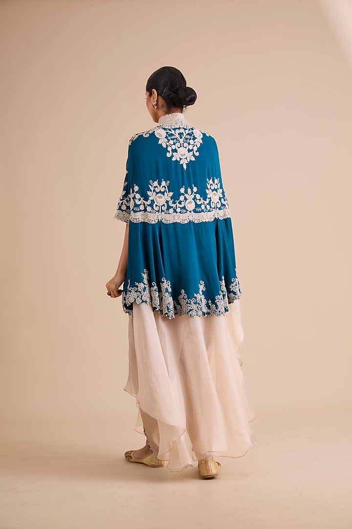 Peacock Blue Dupion Silk Pearl Work Cape Set by Minaxi Dadoo at Pernia's Pop Up Shop