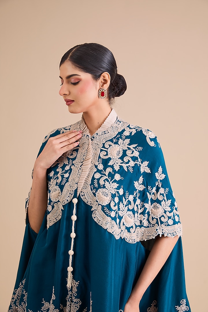 Peacock Blue Dupion Silk Pearl Work Cape Set by Minaxi Dadoo at Pernia's Pop Up Shop