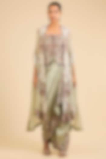 Sage Green Dupion Embroidered Pick-Up Skirt Set by Minaxi Dadoo at Pernia's Pop Up Shop