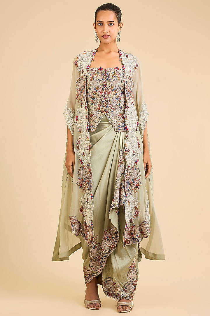 Sage Green Dupion Embroidered Pick-Up Skirt Set by Minaxi Dadoo at Pernia's Pop Up Shop