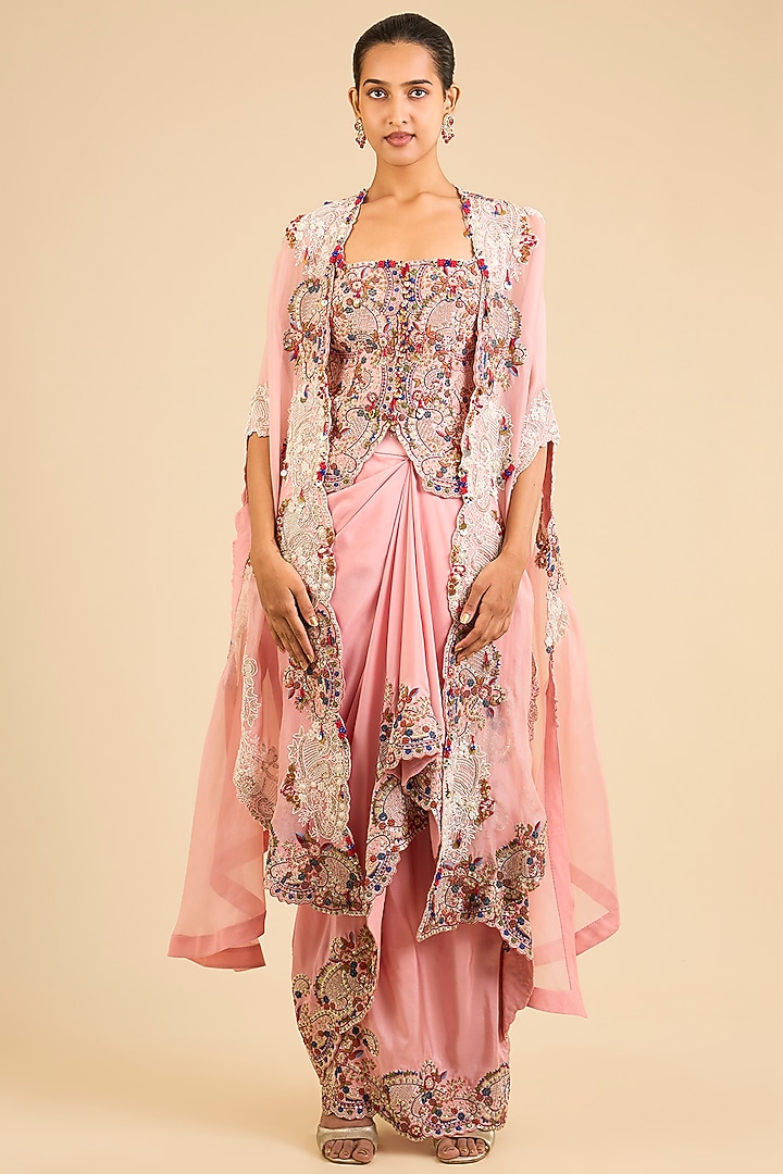 Peach Dupion Embroidered Pick-Up Skirt Set by Minaxi Dadoo at Pernia's Pop Up Shop