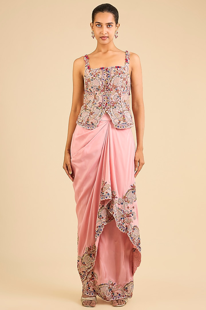 Peach Dupion Embroidered Pick-Up Skirt Set by Minaxi Dadoo at Pernia's Pop Up Shop