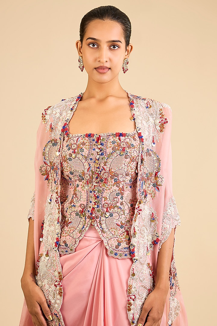Peach Dupion Embroidered Pick-Up Skirt Set by Minaxi Dadoo at Pernia's Pop Up Shop