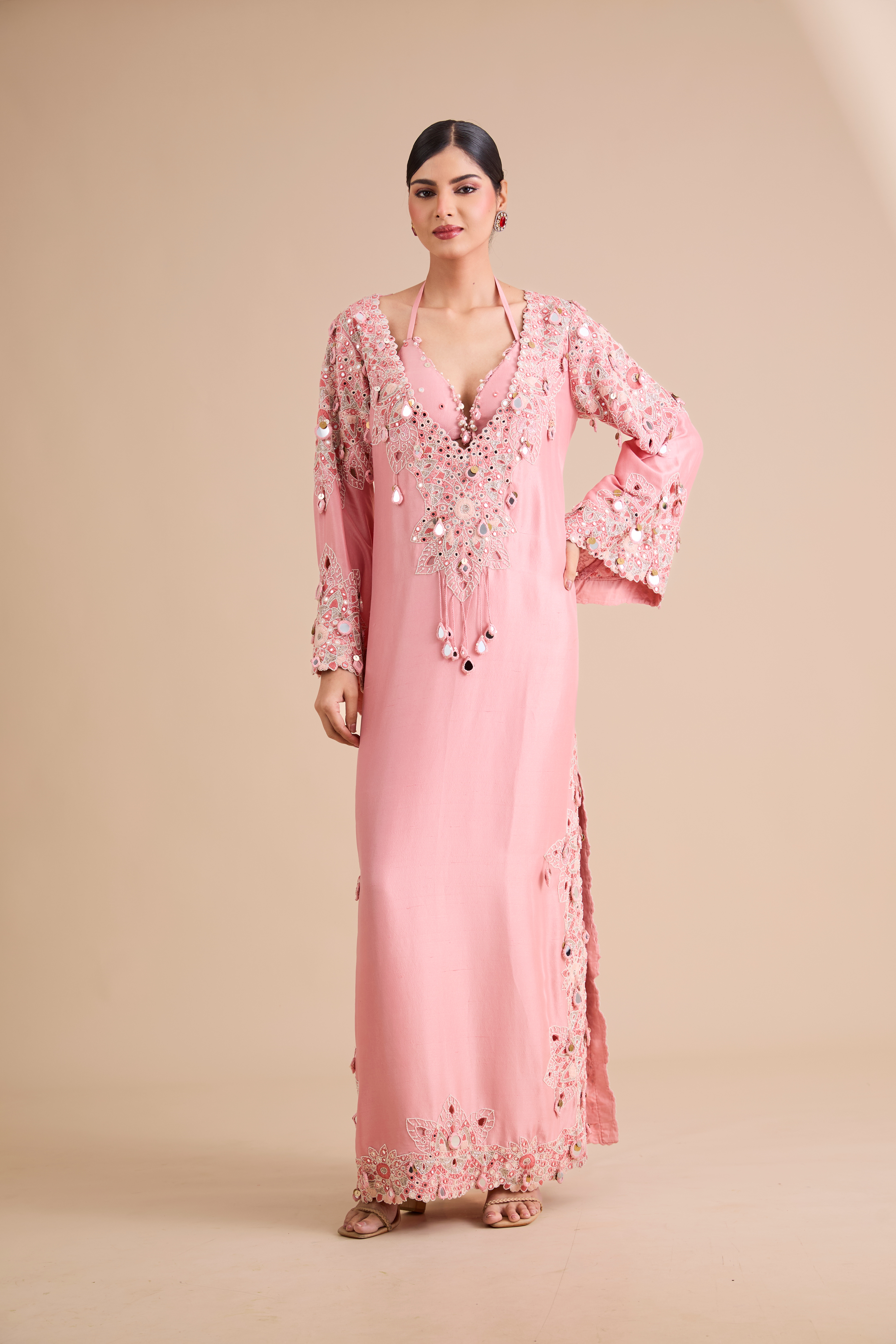 Minaxi Dadoo Blush Pink Dupion Mirror Work Kaftan