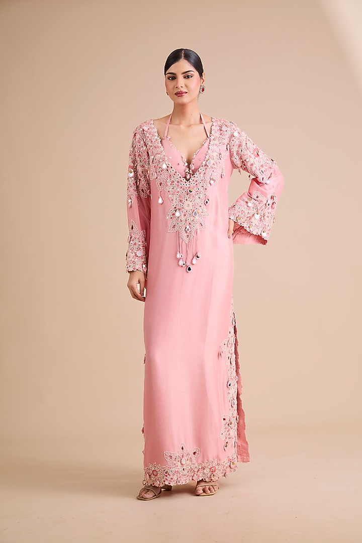Blush Pink Dupion Mirror Work Kaftan by Minaxi Dadoo at Pernia's Pop Up Shop