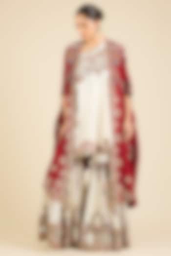 Maroon Dupion Silk Thread Embroidered Cape Set by Minaxi Dadoo at Pernia's Pop Up Shop