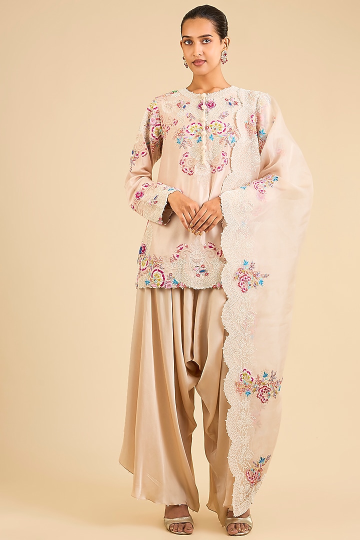 Beige Dupion Embroidered Short Kurta Set by Minaxi Dadoo at Pernia's Pop Up Shop