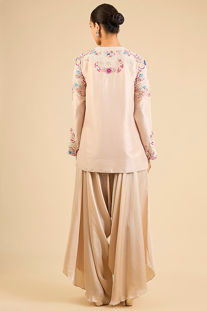 Beige Dupion Embroidered Short Kurta Set by Minaxi Dadoo at Pernia's Pop Up Shop