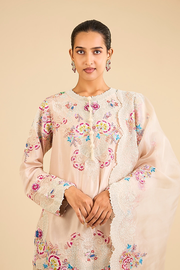 Beige Dupion Embroidered Short Kurta Set by Minaxi Dadoo at Pernia's Pop Up Shop