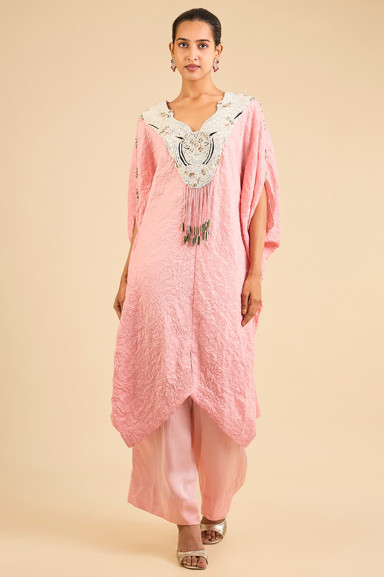 Minaxi Dadoo Peach Dupion Crushed Kaftan Set