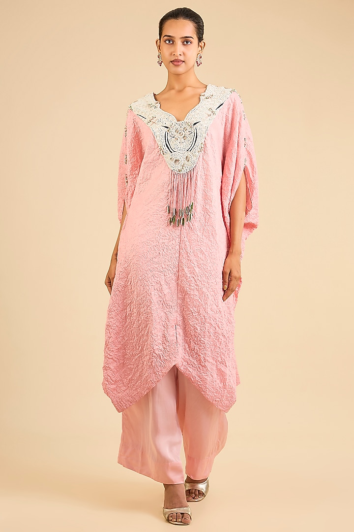 Peach Dupion Crushed Kaftan Set by Minaxi Dadoo at Pernia's Pop Up Shop