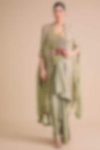 Olive Green Dupion Skirt Set by Minaxi Dadoo at Pernia's Pop Up Shop