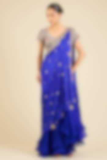 Blue Dupion Thread Embroidered Draped Bridal Saree Set by Minaxi Dadoo at Pernia's Pop Up Shop