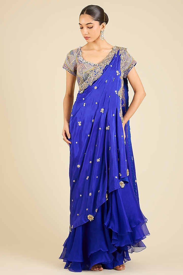 Blue Dupion Thread Embroidered Draped Bridal Saree Set by Minaxi Dadoo at Pernia's Pop Up Shop