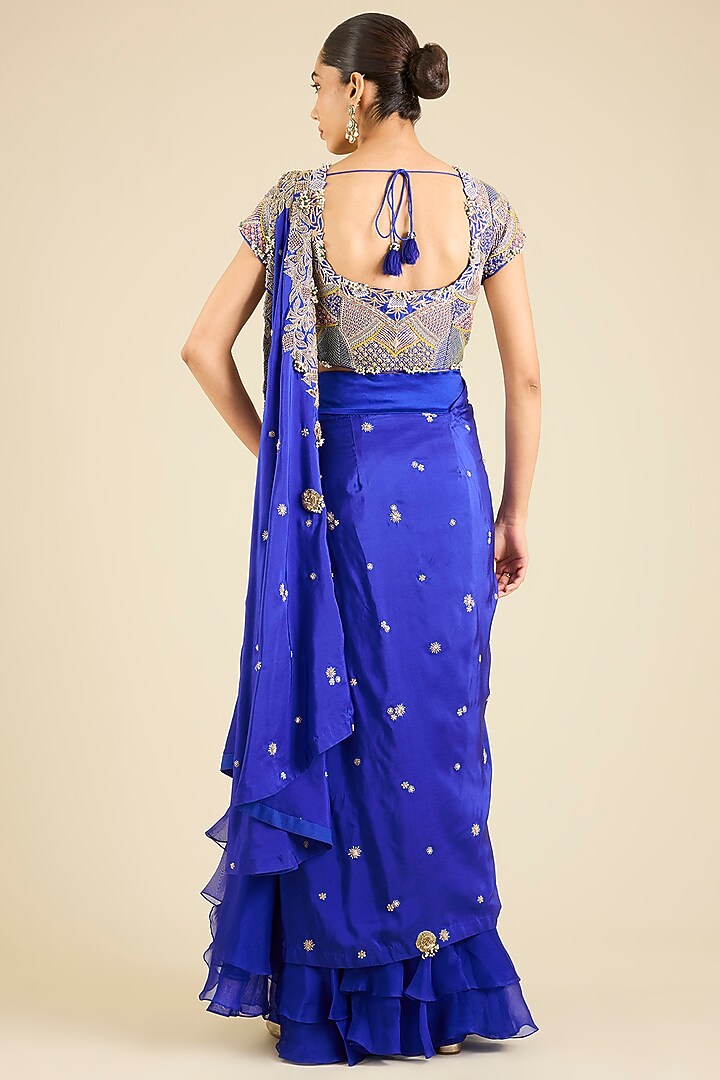 Blue Dupion Thread Embroidered Draped Bridal Saree Set by Minaxi Dadoo at Pernia's Pop Up Shop