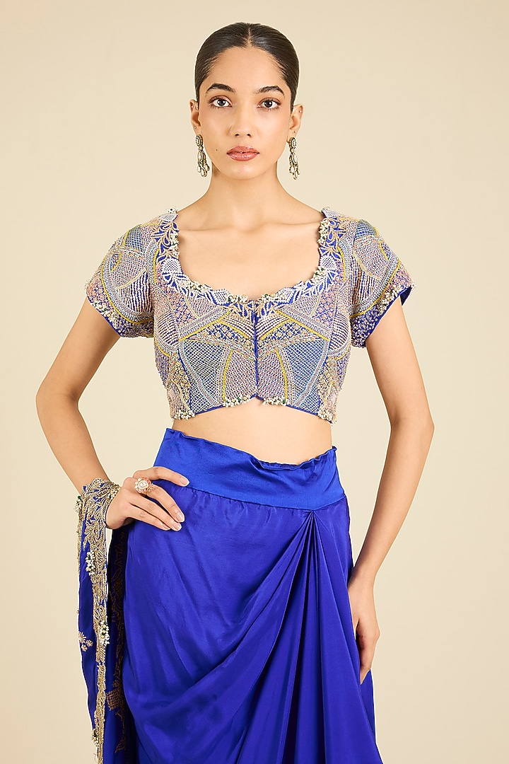 Blue Dupion Thread Embroidered Draped Bridal Saree Set by Minaxi Dadoo at Pernia's Pop Up Shop