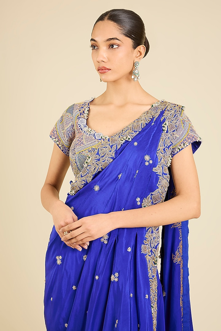 Blue Dupion Thread Embroidered Draped Bridal Saree Set by Minaxi Dadoo at Pernia's Pop Up Shop