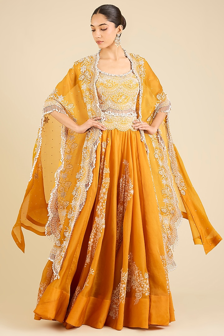 Yellow Organza Embroidered Cape Set by Minaxi Dadoo at Pernia's Pop Up Shop