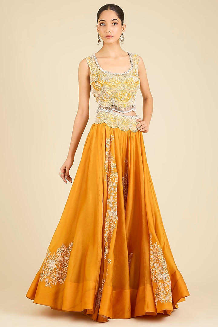 Yellow Organza Embroidered Cape Set by Minaxi Dadoo at Pernia's Pop Up Shop