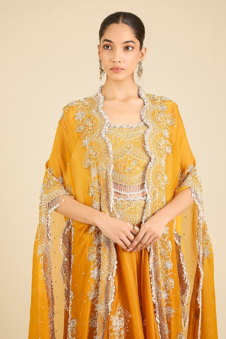 Yellow Organza Embroidered Cape Set by Minaxi Dadoo at Pernia's Pop Up Shop