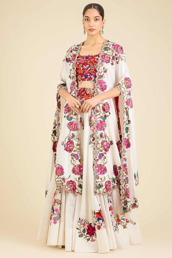 Ivory Organza Kashmiri Embroidered Cape Set by Minaxi Dadoo at Pernia's Pop Up Shop