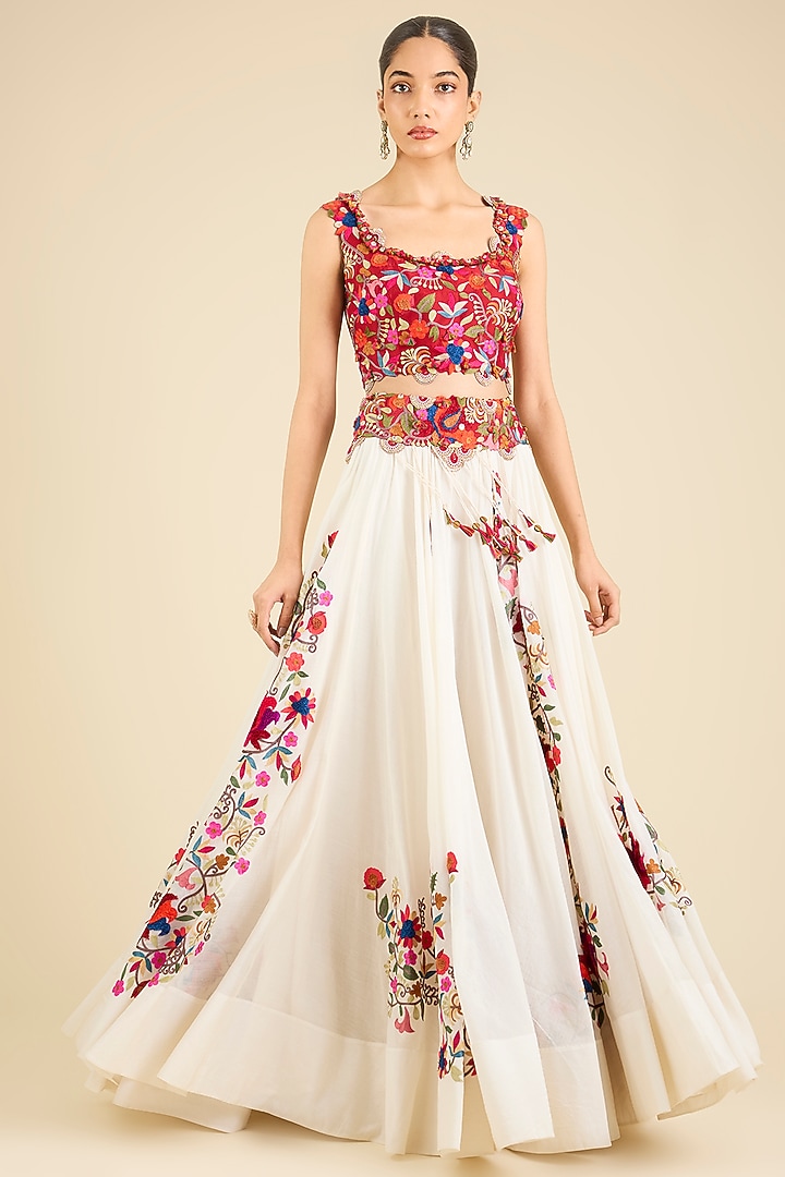 Ivory Organza Kashmiri Embroidered Cape Set by Minaxi Dadoo at Pernia's Pop Up Shop
