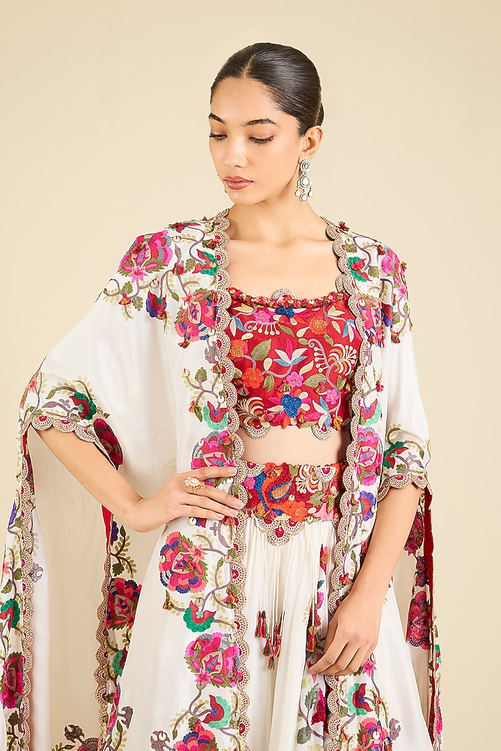 Ivory Organza Kashmiri Embroidered Cape Set by Minaxi Dadoo at Pernia's Pop Up Shop