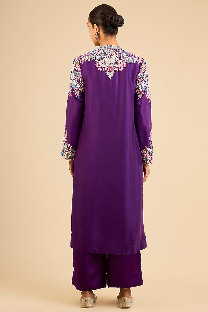Purple Dupion Embroidered Straight Kurta Set by Minaxi Dadoo at Pernia's Pop Up Shop