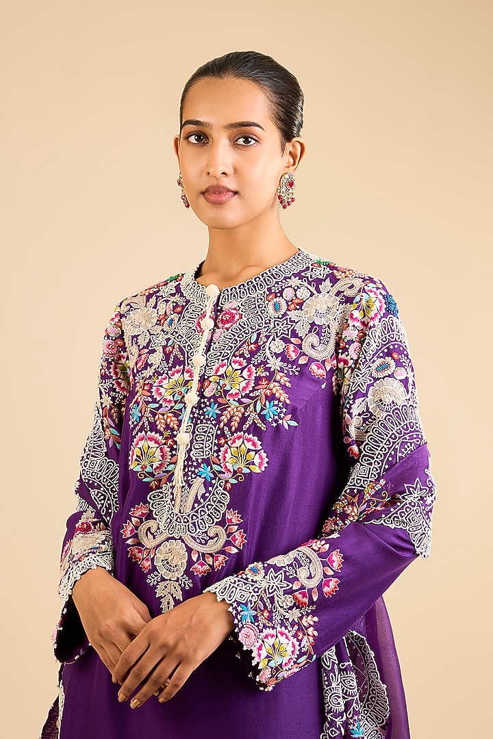 Purple Dupion Embroidered Straight Kurta Set by Minaxi Dadoo at Pernia's Pop Up Shop