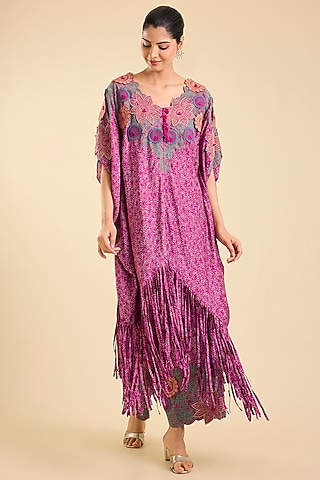 Maroon Silk Printed & Thread Work Kaftan Set by Minaxi Dadoo