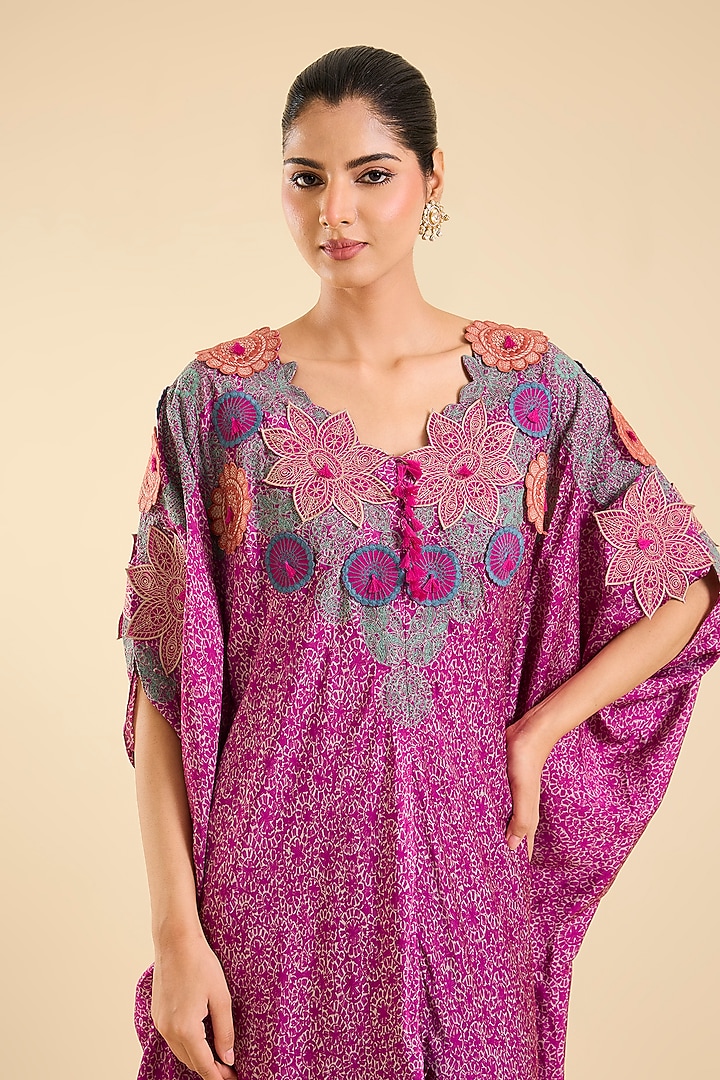 Maroon Silk Printed & Thread Work Kaftan Set by Minaxi Dadoo at Pernia's Pop Up Shop