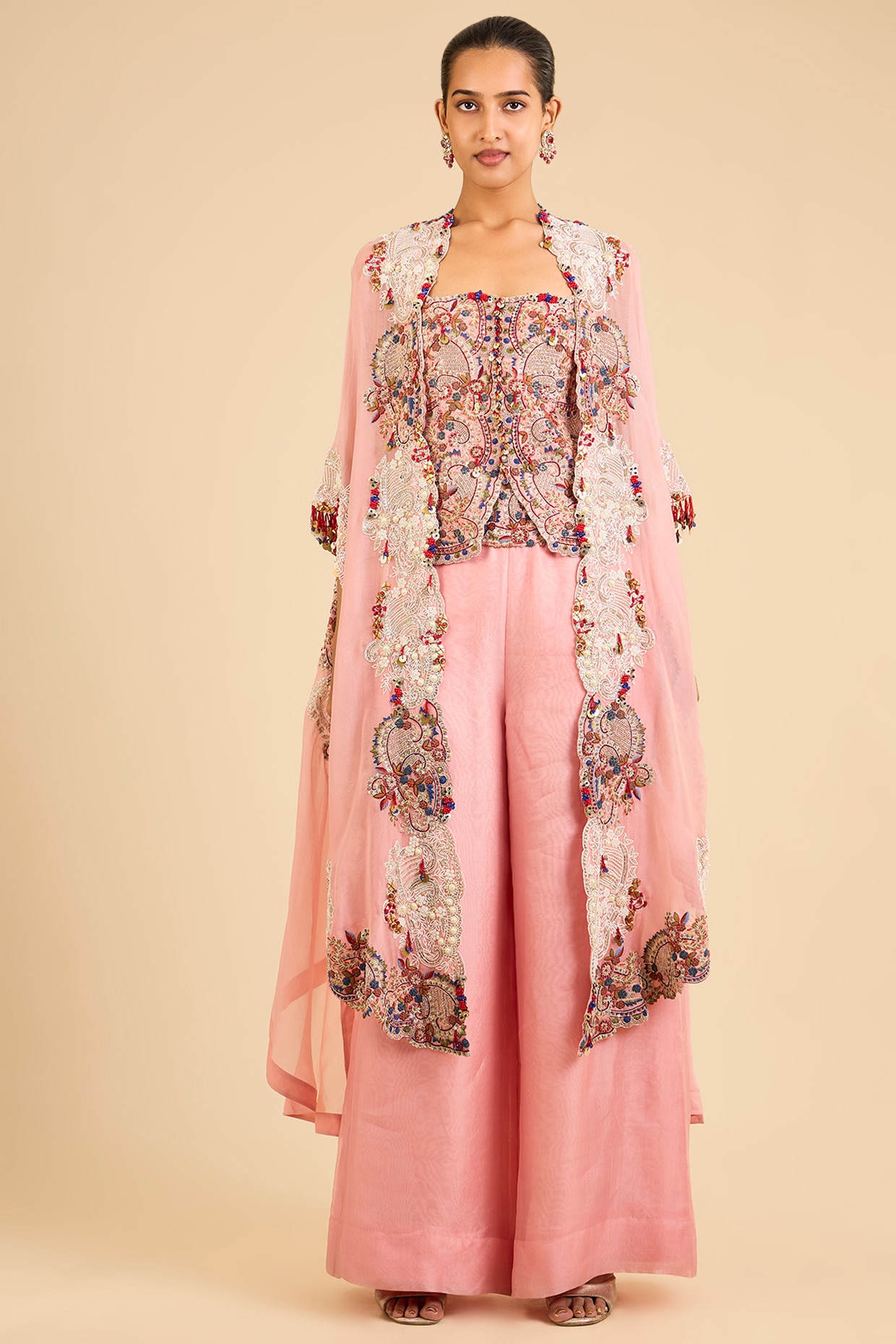Minaxi Dadoo Pink Organza Embroidered Cape Set