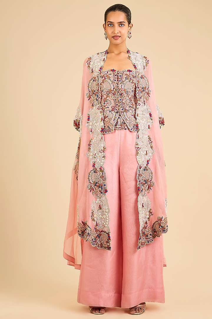 Pink Organza Embroidered Cape Set by Minaxi Dadoo at Pernia's Pop Up Shop