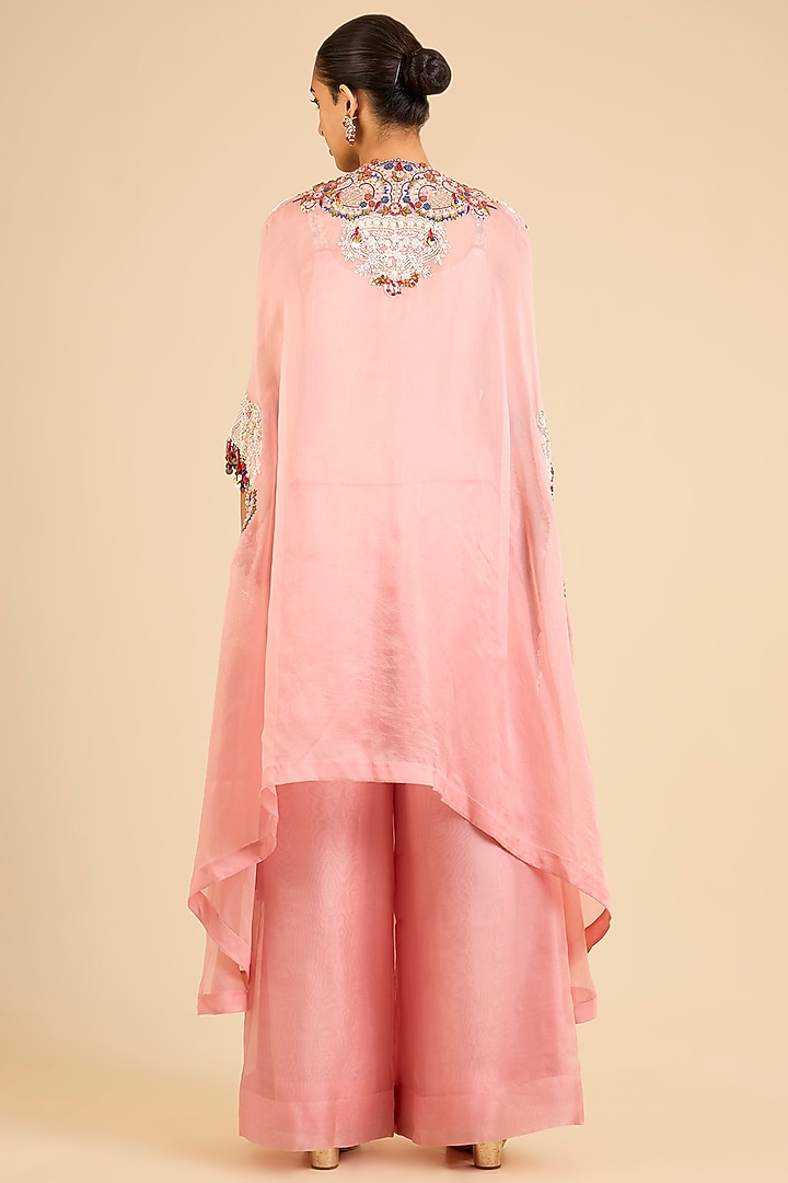Pink Organza Embroidered Cape Set by Minaxi Dadoo at Pernia's Pop Up Shop
