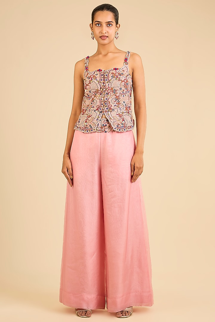Pink Organza Embroidered Cape Set by Minaxi Dadoo at Pernia's Pop Up Shop