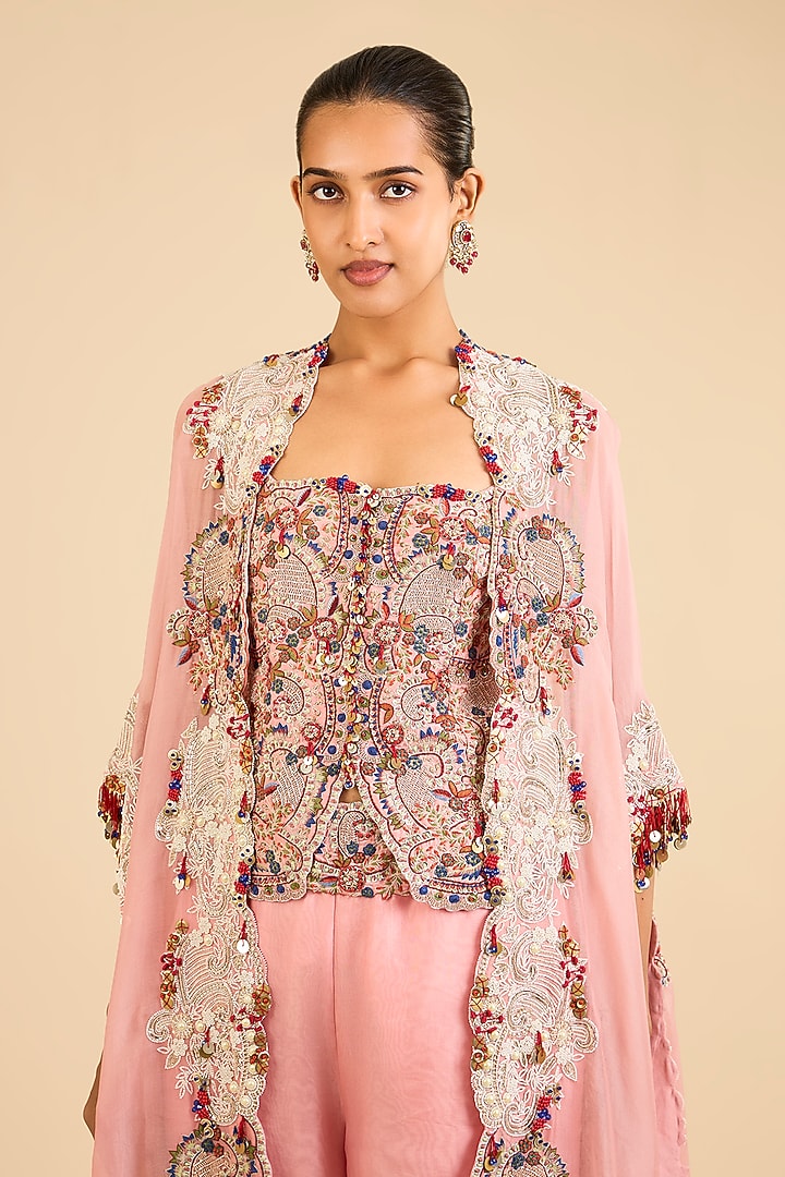 Pink Organza Embroidered Cape Set by Minaxi Dadoo at Pernia's Pop Up Shop