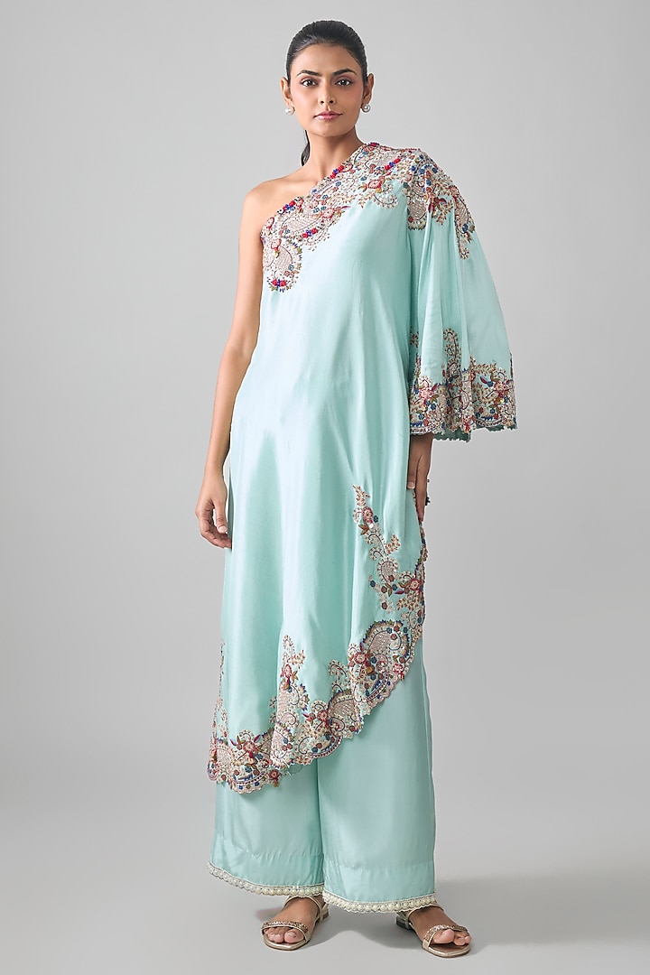 Blue China Dupion Embellished Co-Ord Set by Minaxi Dadoo at Pernia's Pop Up Shop