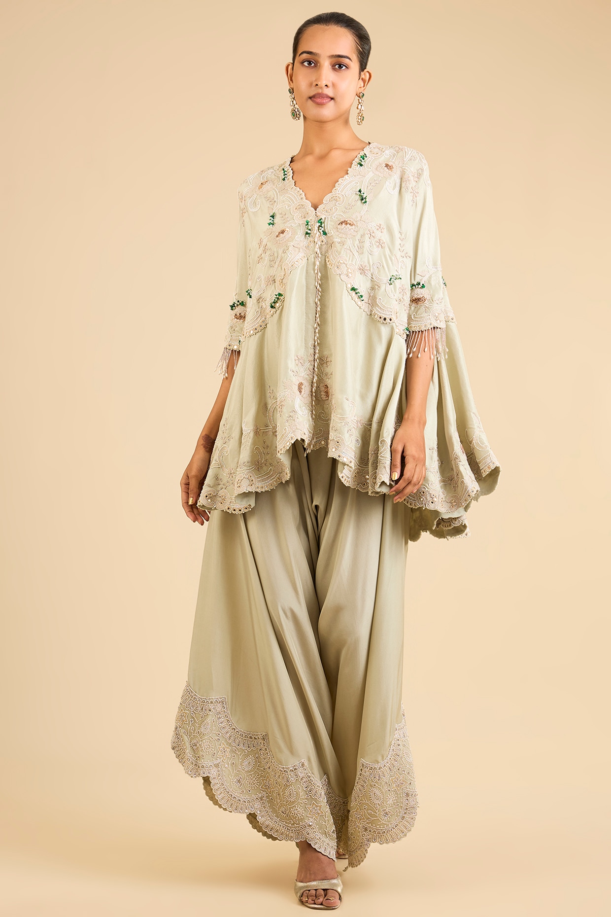 Minaxi Dadoo Sage Green Dupion Cape Set