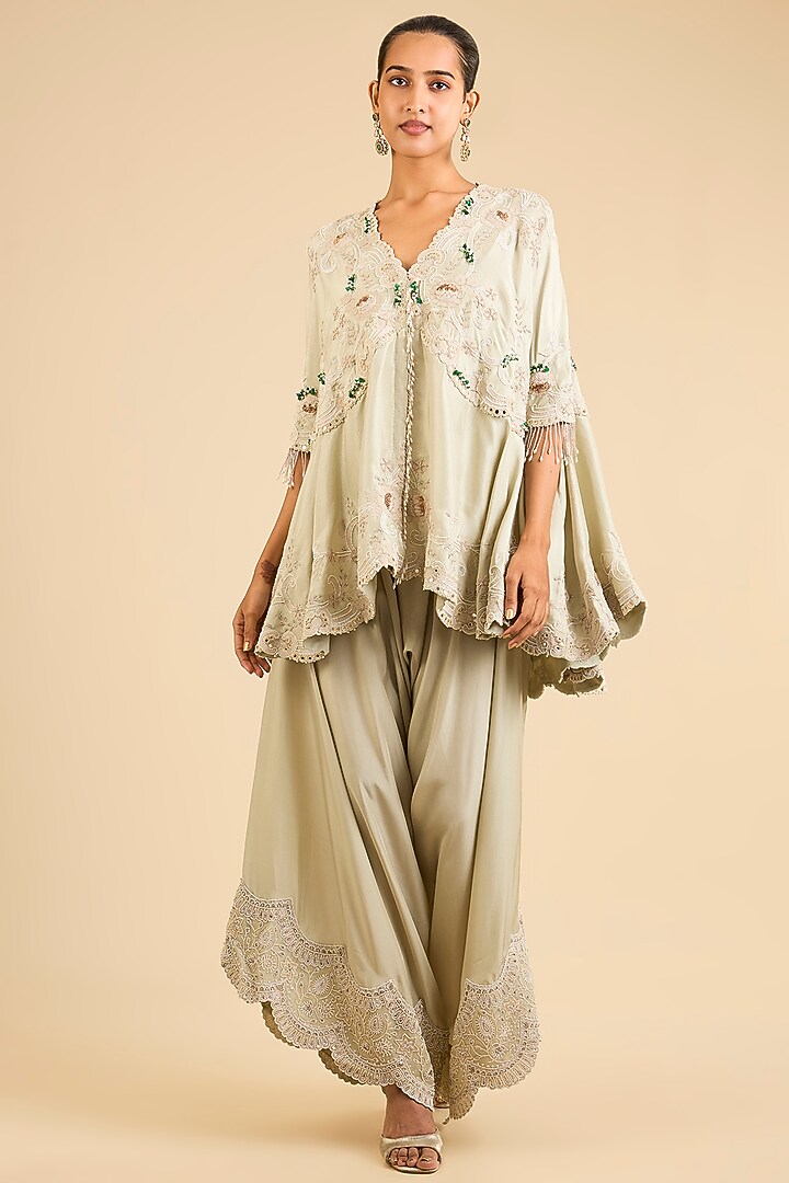 Sage Green Dupion Cape Set by Minaxi Dadoo at Pernia's Pop Up Shop